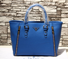 2014 Fall Winter Prada Calf Leather Tote with Double Zipper Details in Blue 0913