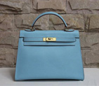 2014 Hermes Kelly 28cm Epsom Leather Bag Light Blue with Gold hardware K28