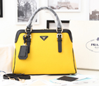 2014 Newest style Prada Hobo Boston tote bags BN0912 in Yellow with Black Original Clafskin Leather BN0912