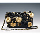 2015 Chanel Classic Flap Camellia Bag Sheepskin Leather A8870 Black&Gold A8870