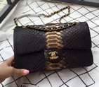2016 Chanel 2.55 Series Flap Bag Real Python Leather 1112 Black with Gold 1112