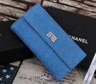Chanel A2001 Blue Cannage Pattern Nubuck Leather Matelasse Long Wallet Silver A2001