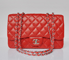 Chanel A28600 Sheepskin Leather Classic Flap Bag in Red with Silver A28600