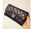 Chanel C006 Black Sheepskin Leather Long Tri-Fold Wallet C006