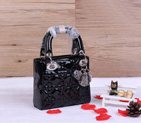 Christian Lady Dior Bag Patent Leather D1633 Black with Silver D1633