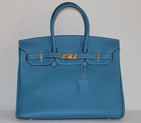 Hermes Birkin 35CM Tote Bag Blue Clemence Leather with Gold hardware H35